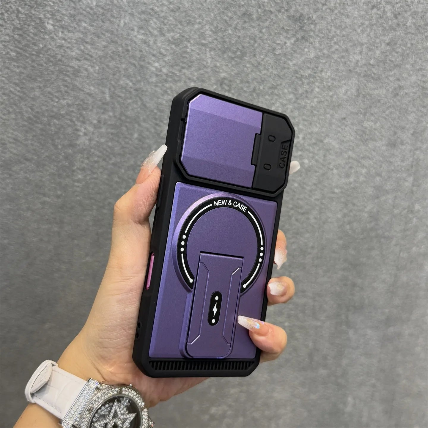 耐衝撃 iPhoneケース カメラカバー付き マグネット式リングスタンド 落下防止 スマホスタンド機能搭載 シンプルブラック｜iPhone対応 #250411