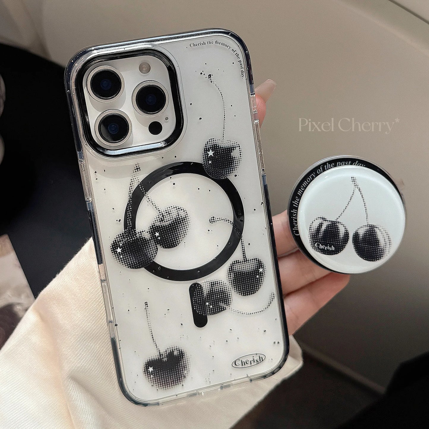 【Magnet対応】ブラックチェリー × 透明フレームケース｜iPhone対応 #240827