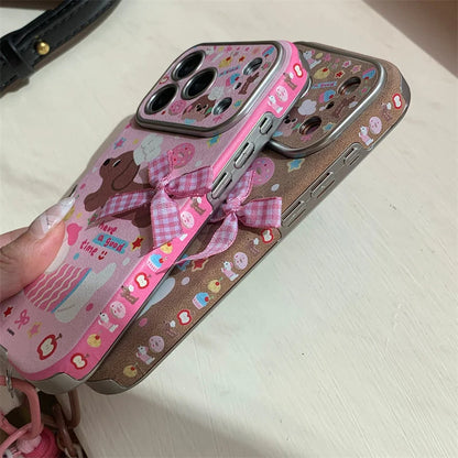 【スウィートダックス】チェックリボン×ドッグデザイン  ストラップ付き スマホケース｜iPhone対応 #241228