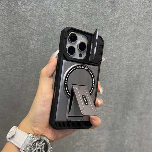 耐衝撃 iPhoneケース カメラカバー付き マグネット式リングスタンド 落下防止 スマホスタンド機能搭載 シンプルブラック｜iPhone対応 #250411