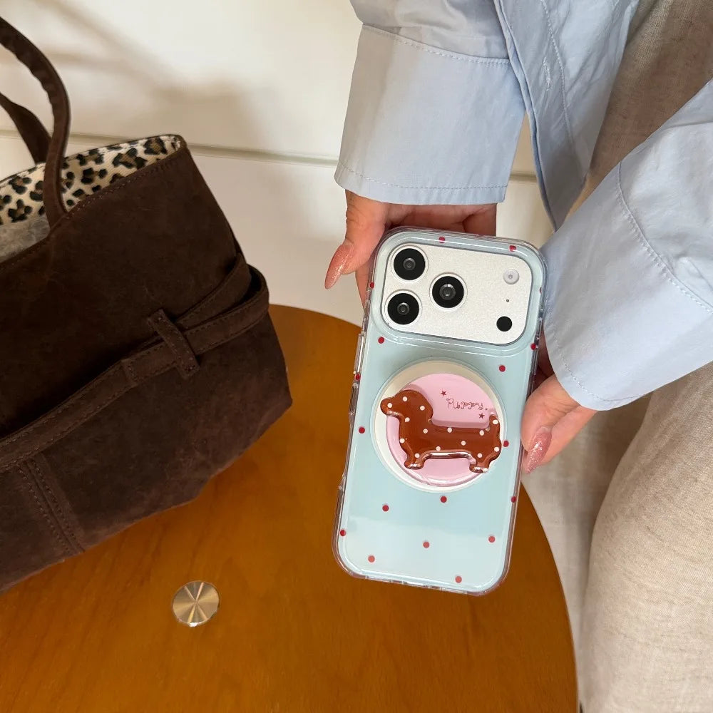 ダックスフンド スタンド付き 淡色ドット Magnet内蔵 iPhoneケース｜レトロかわいい #261257　