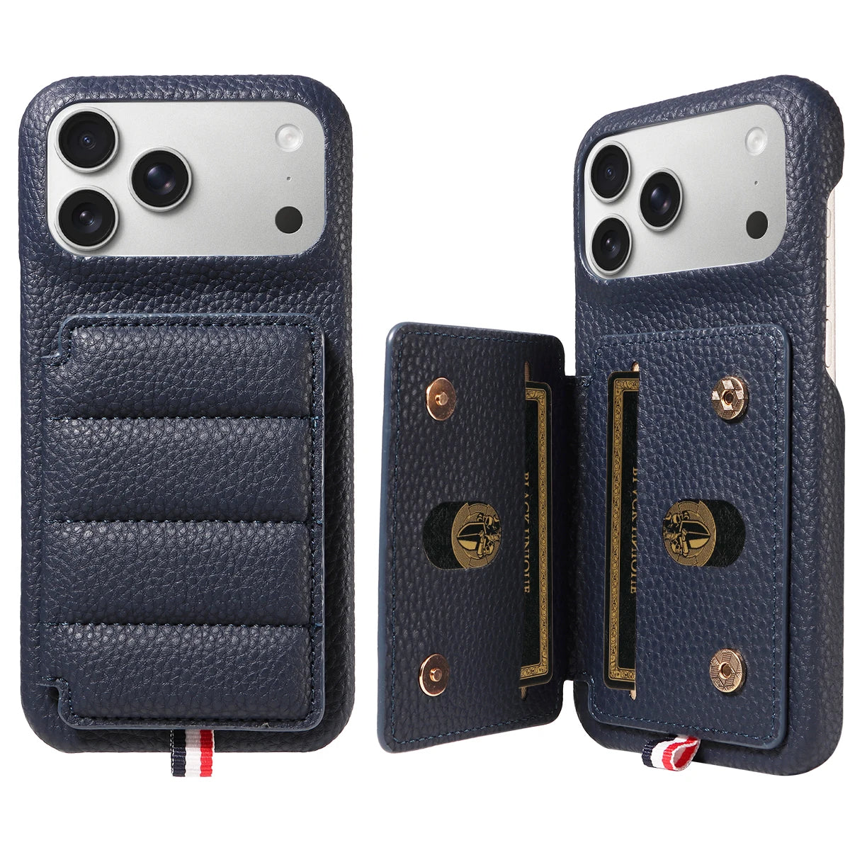 カード収納付き iPhoneケース｜キルティング レザー風デザイン・ロングストラップ付き #240528
