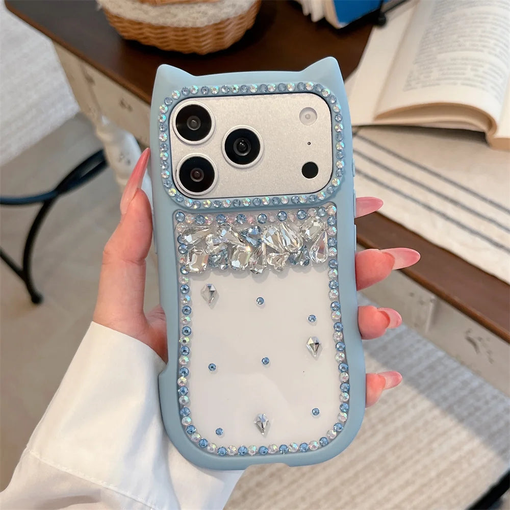 猫耳シリーズ キラキラ リボン ビジューストラップ付き カラーフレーム クリア iPhoneケース #230721
