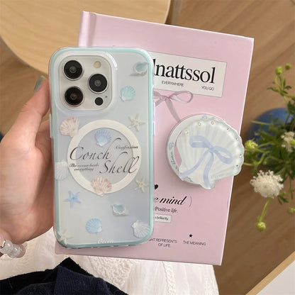 【貝殻モチーフ×夏の海デザイン】シェル＆スターフィッシュ付きクリアケース｜iPhone対応 #250514