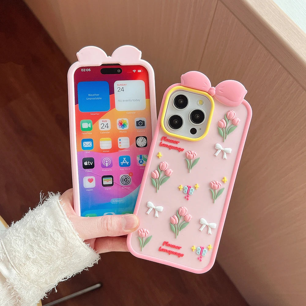 【フラワーリボンシリーズ】立体チューリップ＆蝶々モチーフ スマホケース｜iPhone対応 #250820