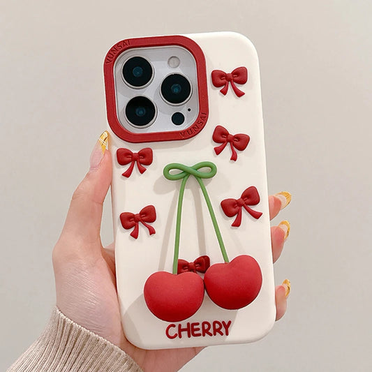 【フルーツシリーズ】立体さくらんぼ＆リボンデザイン スマホケース｜iPhone対応 #250827