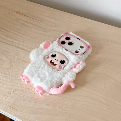 【アニマルフェイスシリーズ】ピンク＆ホワイト モンキー スマホケース｜ふわもこ立体デザイン × 尻尾付き｜iPhone対応 #241129