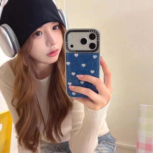 【プチドット ハート】デニム柄 ハート水玉 花柄 フラワー スマホケース｜iPhone対応 #250108
