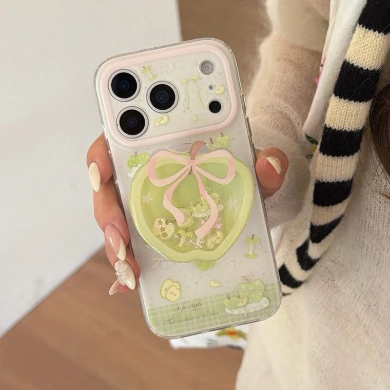 リボン グリーンアップル Magnet内蔵 りんごグリップ付き クリア iPhoneケース #231126