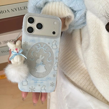 ラビットレース グリッターiPhoneケース｜うさぎモチーフ・キラキラフレーム・ファーチャーム付き #240501