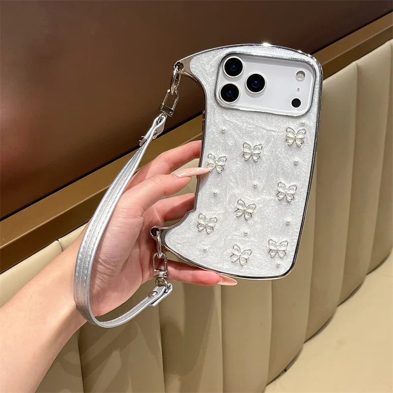 【ショルダーバッグ型 】ストラップ付き パールバタフライ スマホケース｜iPhone対応 #241001