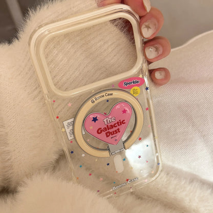 【マグネット式折りたたみハートスタンド付き】クリア カラフルスター ピンクハート スタンド スマホケース｜iPhone対応 #240630