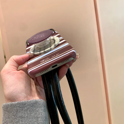 【Magnet内蔵】ボルドー マルチカラーストライプ ×ドット スター スタンド スマホケース｜iPhone対応 #241224