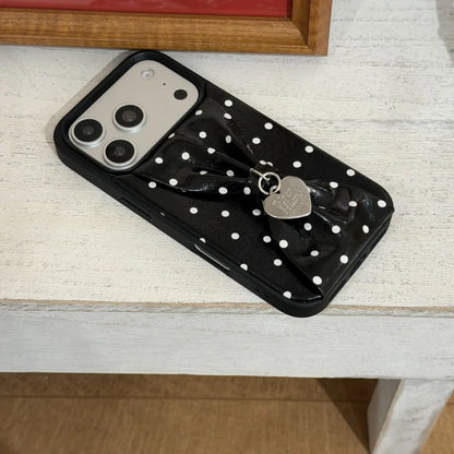 【立体リボン】 ハートチャーム付き ソフトレザー調 ドット柄 水玉 iPhoneケース #260209