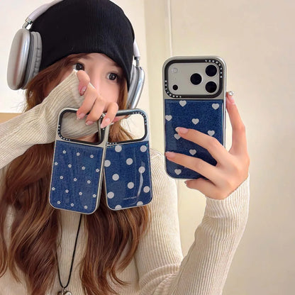 【プチドット ハート】デニム柄 ハート水玉 花柄 フラワー スマホケース｜iPhone対応 #250108