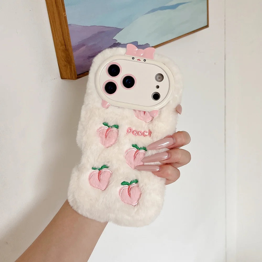 【ピーチファーリボン】もこもこピーチ×リボンカメラカバー スマホケース｜iPhone対応  #250113