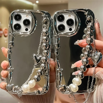 【メタリック×ミラー】ビーズハートチャーム付きスマホケース｜iPhone対応 #250729