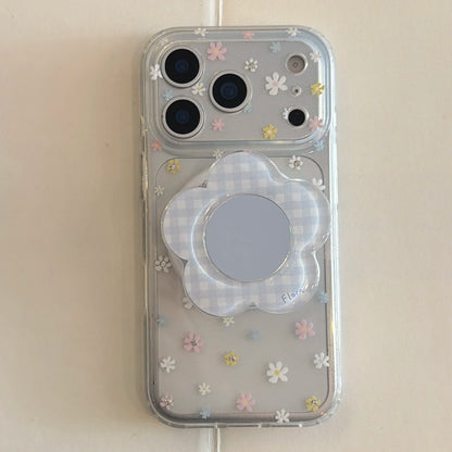 お花型ミラーグリップ デイジー柄 クリア Magnet内蔵 iPhoneケース｜淡色・大人かわいい #260025