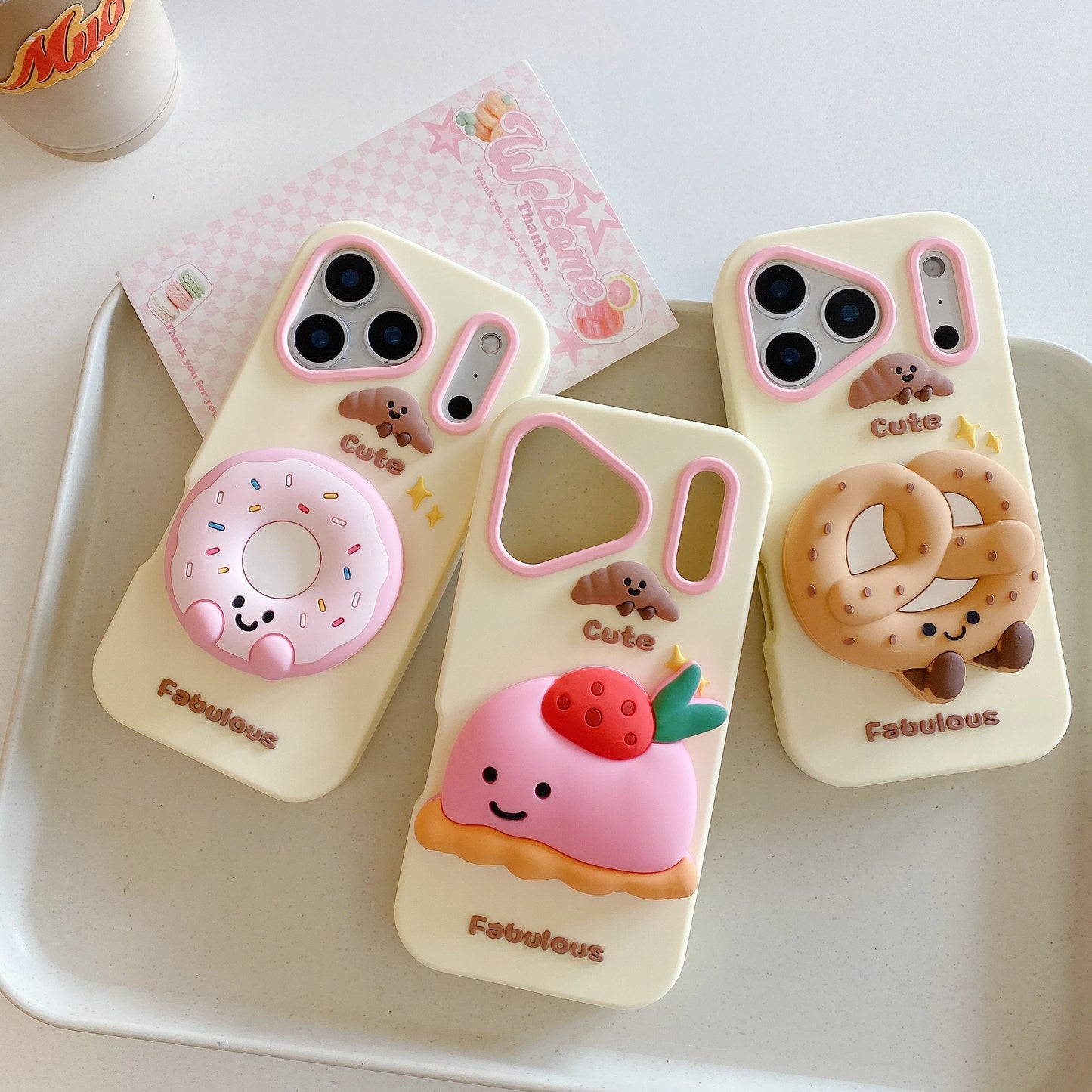 【ぷっくり3Dシリーズ】ドーナツ×プリン×プレッツェル 立体スイーツ ポップソケット スマホケース｜iPhone対応 #250212