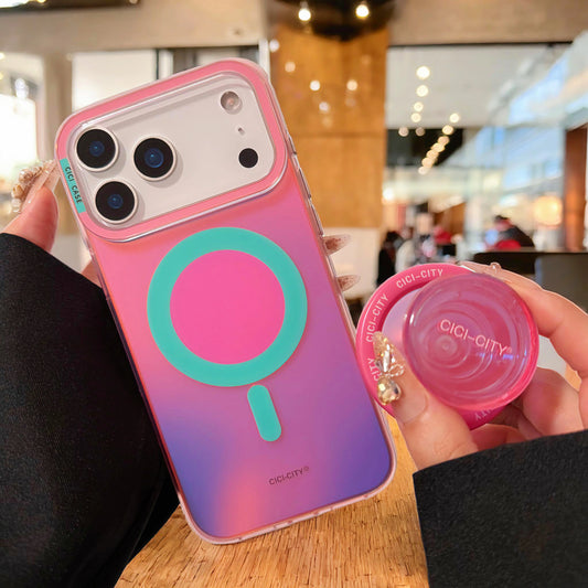 【MagSafe対応】ネオン グラデーションカラー TPU 耐衝撃 おしゃれ ビビッドカラー ポップソケット付き スマホケース｜iPhone対応 #251230