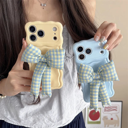 【ウェーブフレーム】ぷっくり 立体 ギンガムチェックリボン スマホケース｜iPhone対応 #241230