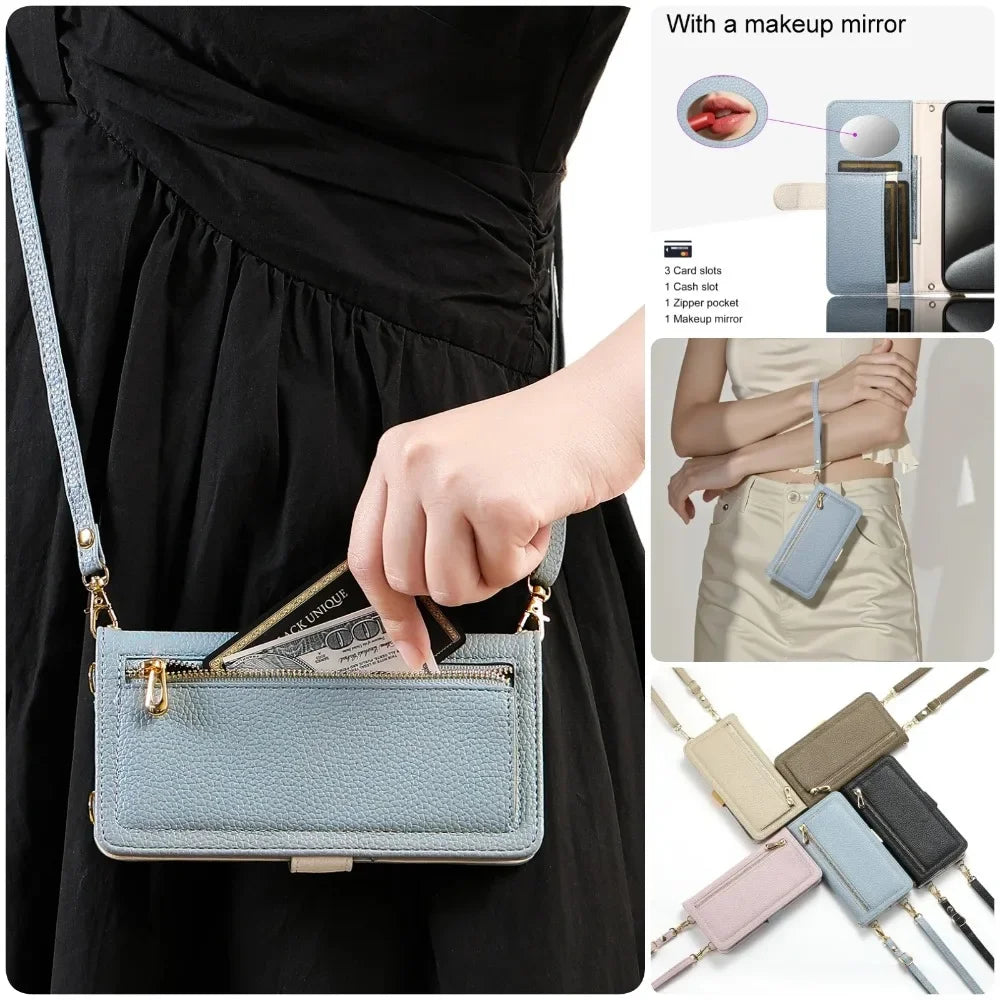 【ブックスタイル】レザー調 財布一体型 手帳型 iPhoneケース｜ファスナー収納・ミラー付き #240201