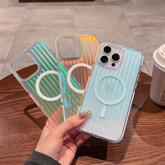 【ワイヤレス充電対応シリーズ】オーロラグラデーション 光沢リブ加工 スマホケース｜iPhone対応 #250831