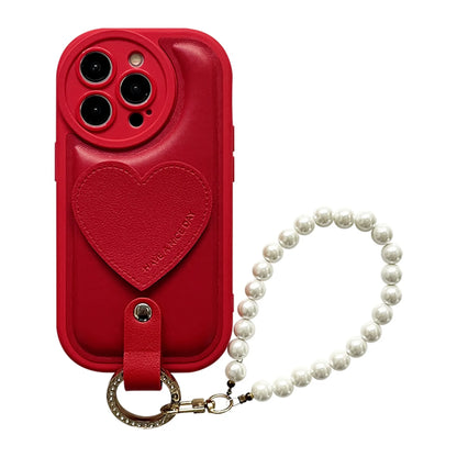 【ビッグハート】レザー調 パールストラップ付き スマホケース｜iPhone対応 #260205