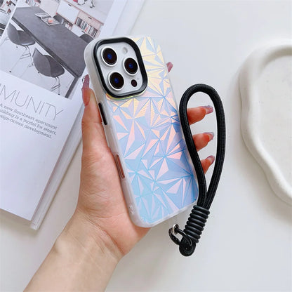 【キラキラシリーズ】幾何学模様 ホログラムデザイン ストラップ付きスマホケース｜iPhone対応 #251012