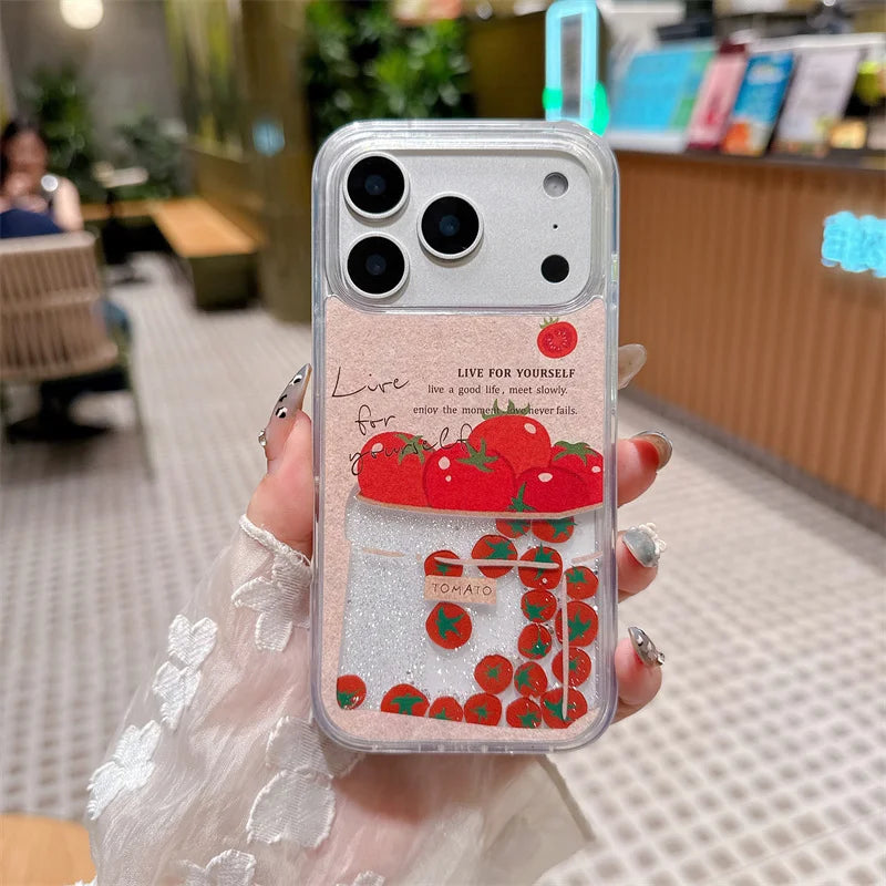 流れるトマトモチーフ ラメ iPhoneケース｜クリアデザイン・レトロガーリー #230825