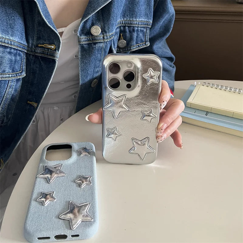 【スターシルバー】メタリック 星柄 × デニムスマホケース｜iPhone対応 #250129