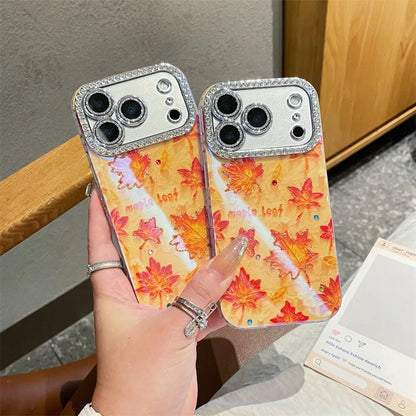 【メイプルリーフ】紅葉 クリア × ラメ オレンジ レンズ周りジュエリー ケース｜iPhone対応 #240917