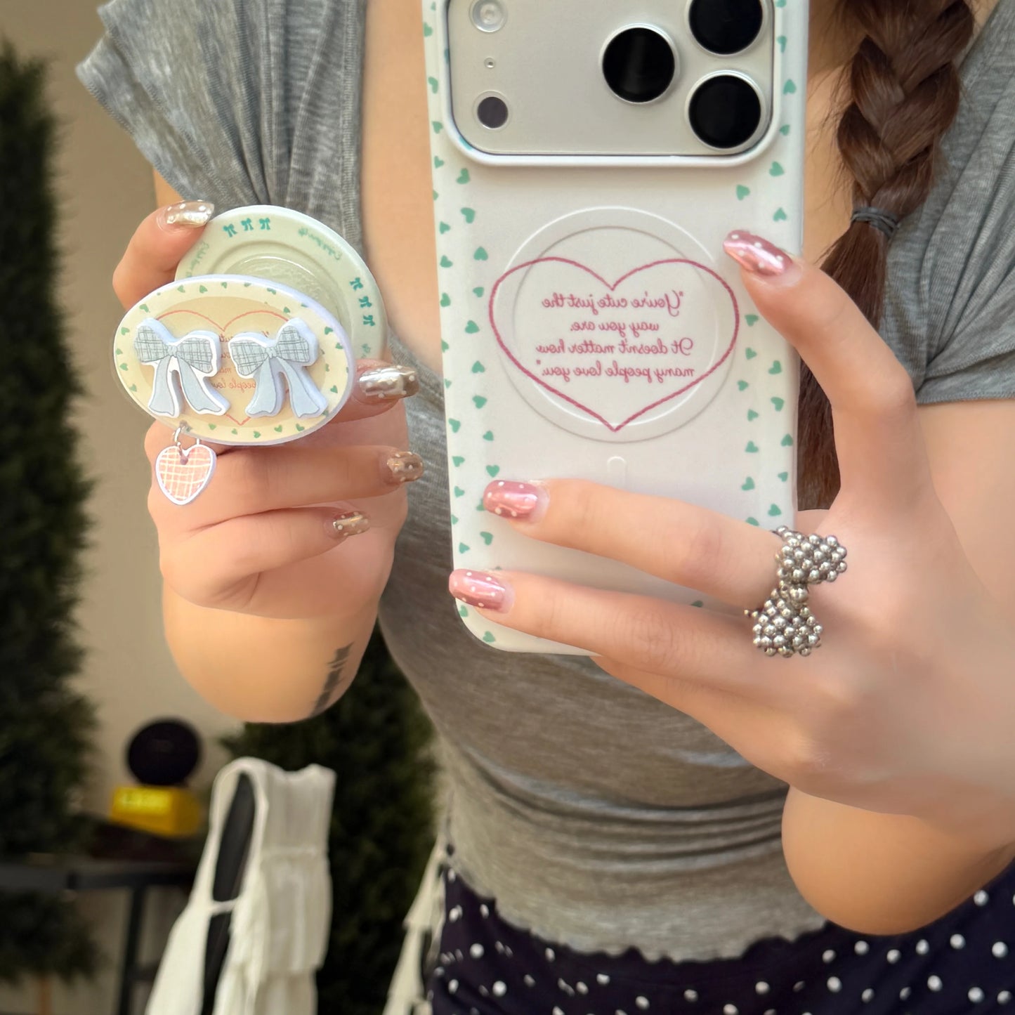 ダブルリボン ガーリー グリップ付き Magnet内蔵 iPhoneケース #260623