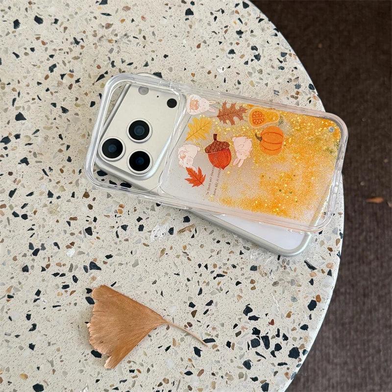 【流れるシリーズ】どんぐり もみじ 秋モチーフ きらきらラメ グリッター クリアスマホケース｜iPhone対応 #241018
