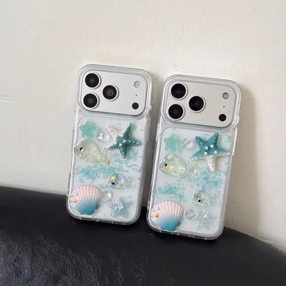 【3D】クリアiPhoneケース マリンシェル 海の生きもの 立体デザイン ブルーシーオーシャン｜クリアケース #230926