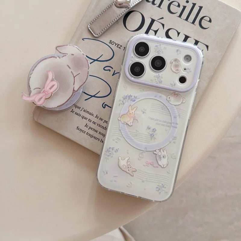 うさぎグリップ 小花×パープル クリア Magnet内蔵 iPhoneケース｜淡色・透明感 #260016