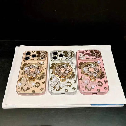 【フラワーシリーズ】キラキラ立体スマイルフラワー＆バタフライ デザインスマホケース｜iPhone対応 #251211