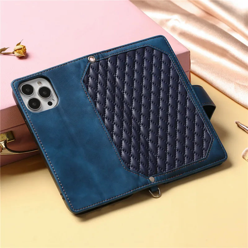 【ブックスタイル】キルティング レザー 手帳型 ウォレット iPhoneケース｜ショルダーストラップ付き #240127