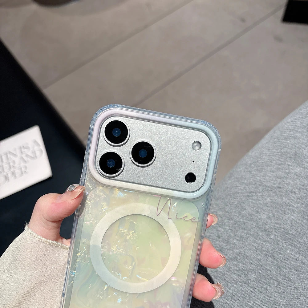 【Magsafe対応】大理石風 シェルグロウ オーロラパール スマホケース｜iPhone対応 #250127