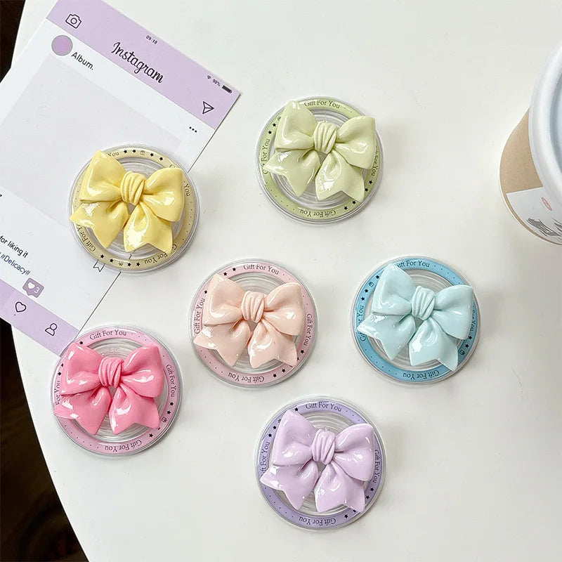 【スマホグリップ】立体リボン つやつや マカロンカラー マグネット対応 スマホスタンド #241111