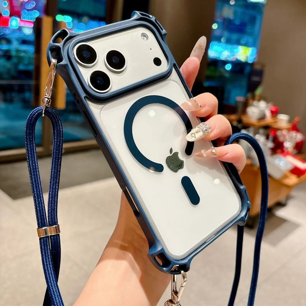 タフデザイン ロングストラップ付 耐衝撃 Magnet内蔵 クリア iPhoneケース #231109