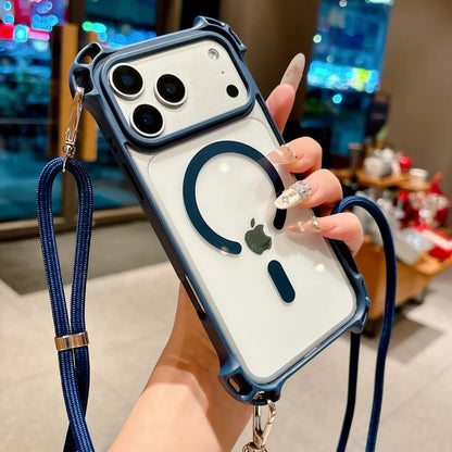 タフデザイン ロングストラップ付 耐衝撃 Magnet内蔵 クリア iPhoneケース #231109