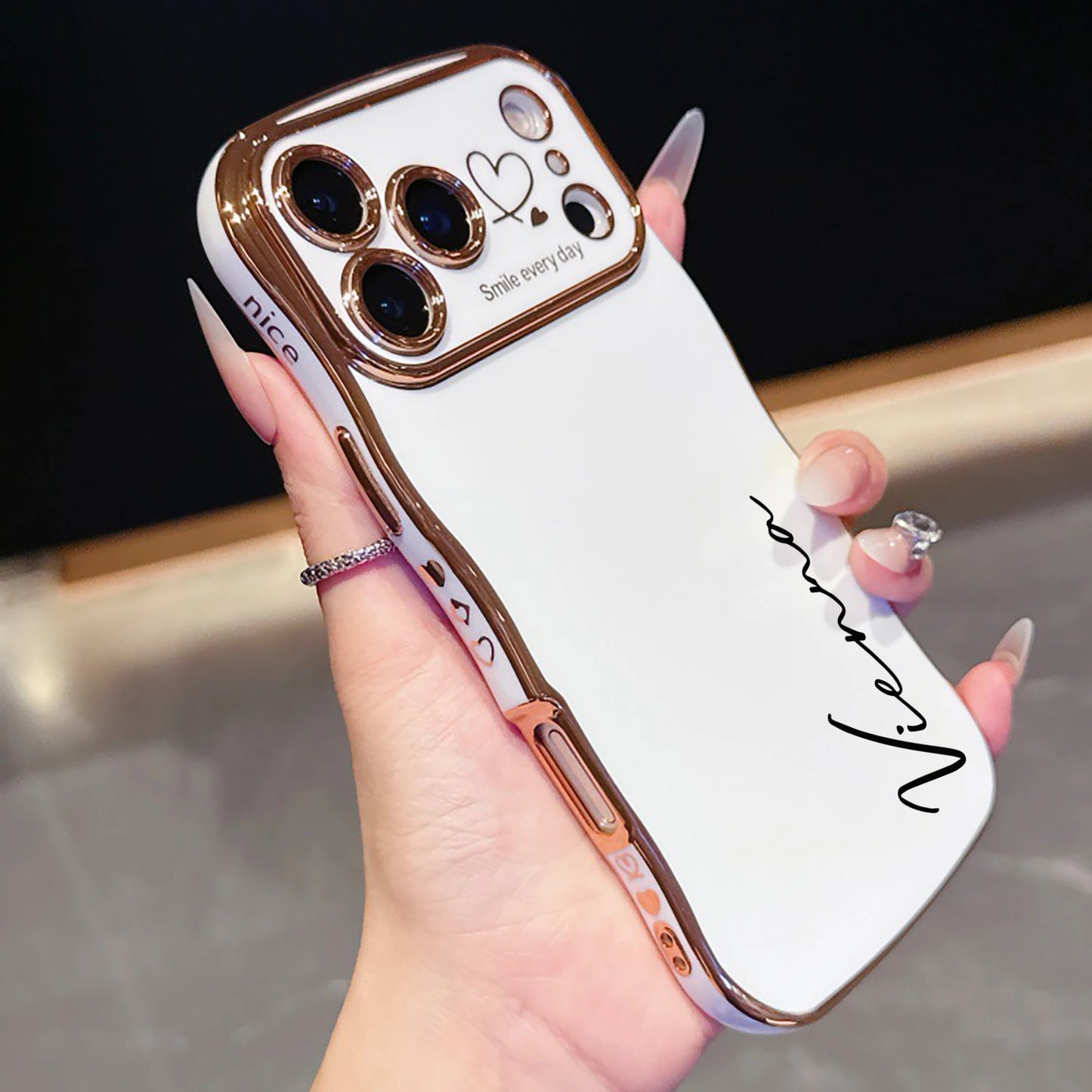 【カスタムシリーズ】ウェーブフレーム サイドハート 名入れ ソフトケース｜iPhone対応 #240714