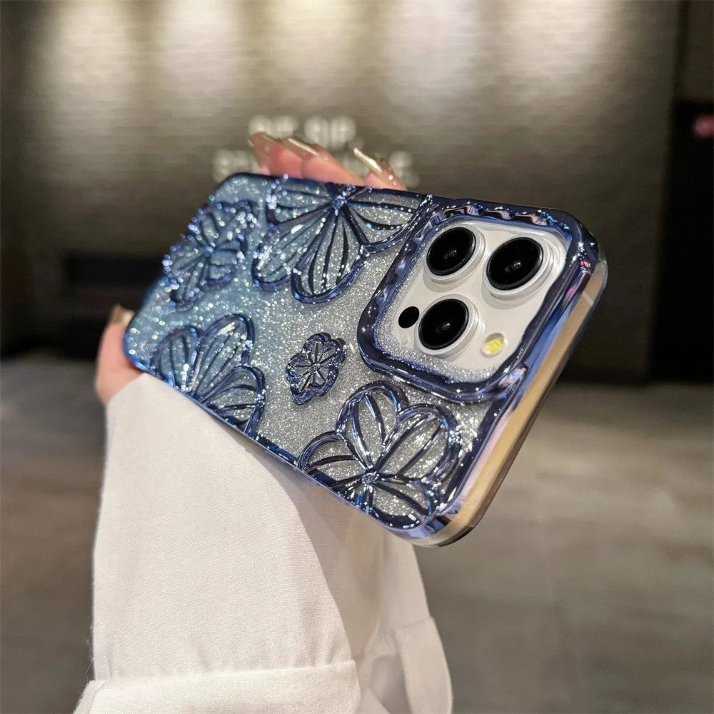 【グリッターフラワーシャイン】3Dフラワー × グラデーションラメ スマホケース｜iPhone対応 #250618