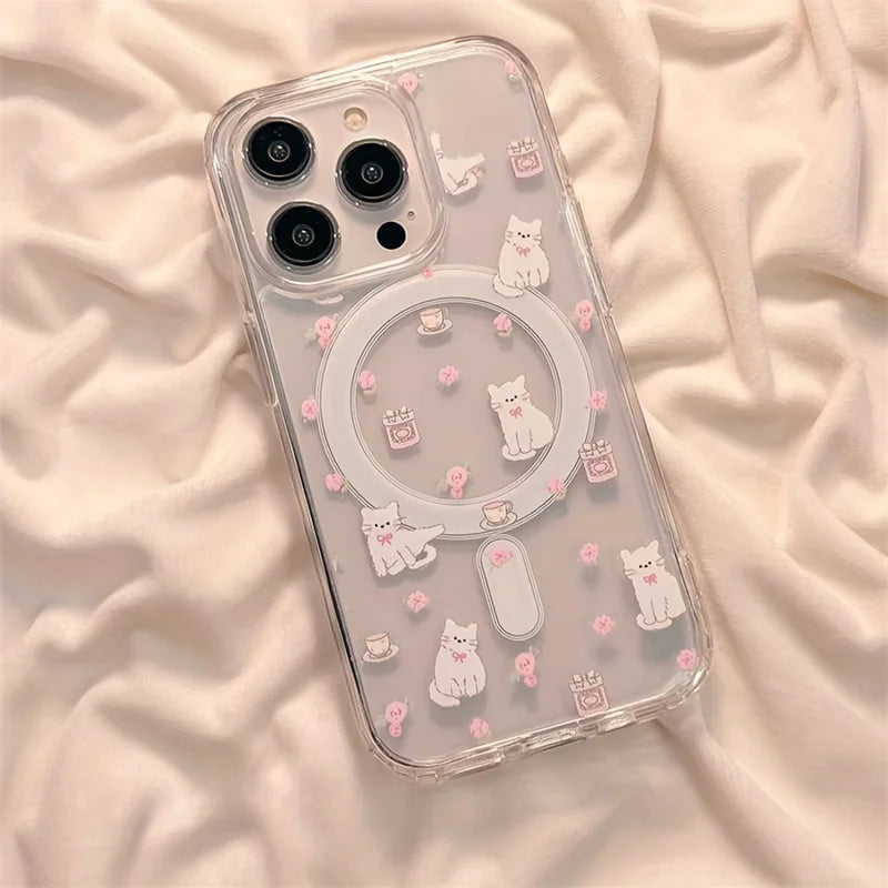 リボンねこイラスト クリアデザイン Magnet内蔵 グリップ付き iPhoneケース #240120