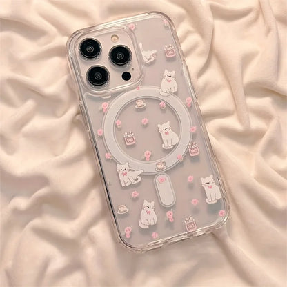 リボンねこイラスト クリアデザイン Magnet内蔵 グリップ付き iPhoneケース #240120