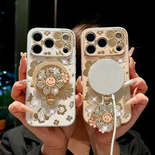 【フラワーシリーズ】キラキラ立体スマイルフラワー＆バタフライ デザインスマホケース｜iPhone対応 #251211