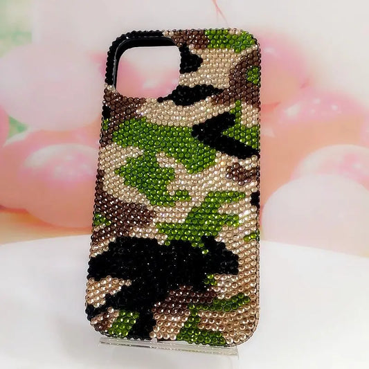【キラキラビジューシリーズ】カモフラージュ 迷彩柄 フルラインストーン デコ スマホケース｜iPhone対応 #260121