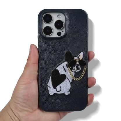 【本革シリーズ】 レザー サングラス フレンチブルドッグ 刺繍 iPhoneケース #260211