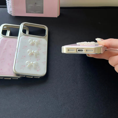 【フラワーリボンシャイン】メタリックフレーム × 小花リボン スマホケース｜iPhone対応 #240814